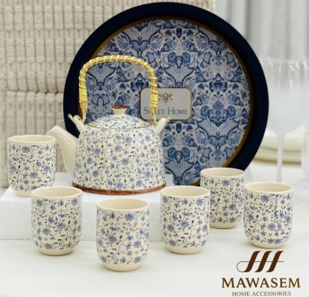 طقم ابريق مع كاسات شاي ازرق فاتح